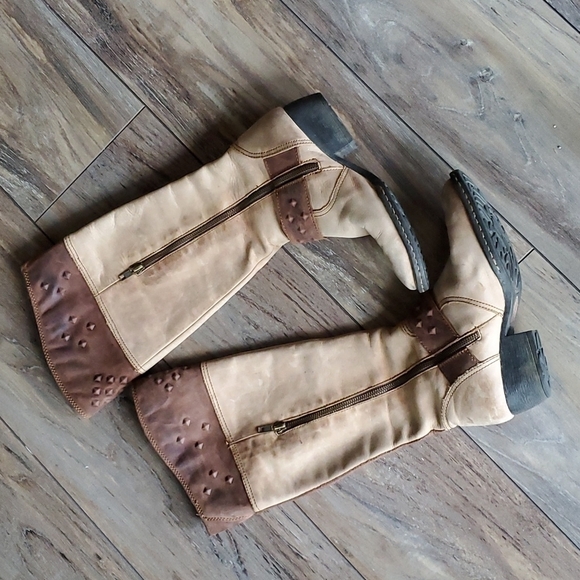 Born Women Two tone Leather Studded Tall Western Boots Ankle zipper shoes - Picture 3 of 13